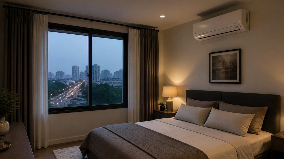 Кондиционер в спальне рядом с закрытым окном